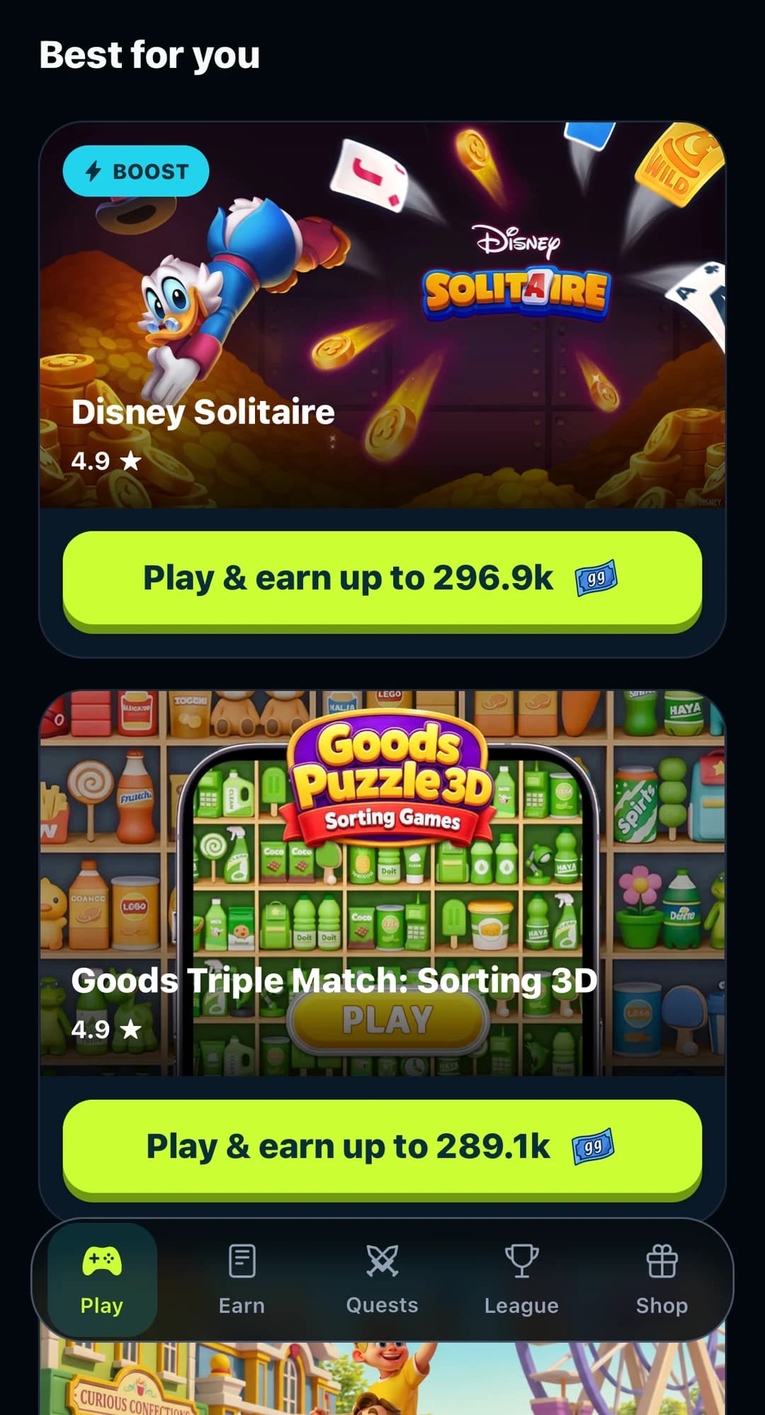 The ggbucks app home screen with games to play and a ggbucks balance